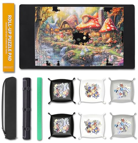 Lwoeo Jigsaw Puzzle Mat Roll Up 1000 Pieces, Smooth Top Saver Pad 34.6 x 22.8 with 6 Sorting Trays & Travel Storage Bag for Sorting Table, Board, Portable Puzzles Matt Rollup Non-Slip Rubber Bottom