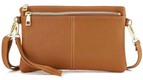 ZOUIQSS Kleine Dreifach Reißverschluss Umhängetasche Leichte Handtaschen Geldbörse Vegan Kunstleder Handgelenkstasche,Inklusive verstellbarer Schulter(Brown)