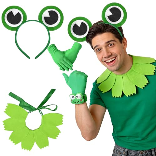 Moizkna Karneval Frosch Kostüm, Froschkönig Kostüm mit Frosch Haarreif, Handschuhen, Verstellbarem Schal, Frosch-Geldbörse, Plüsch-Armband und Spielzeug für Karneval Fasching Froschkostüm