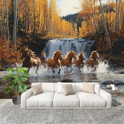 Mural Papel Pintado 3D 300x210 cm Paisaje Animales Caballo Fotomurales Tejido No Tejido Antiarrugas Póster MarróN Murales Fotográfico Moderno Decoración de Paredes