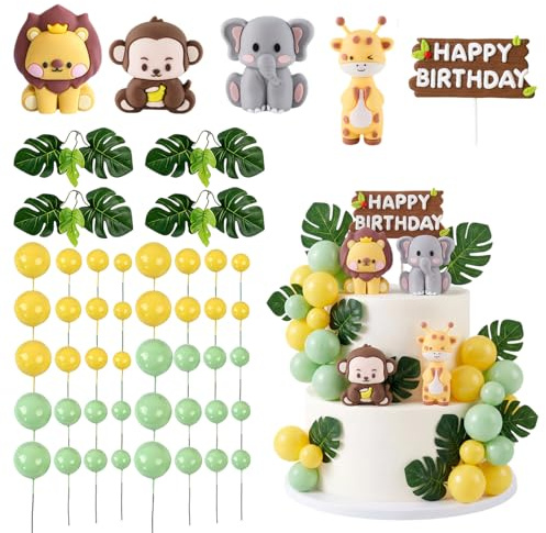 49 Pcs Jungle Animal Cake Toppers, Safari Animals Cake Decoration, Jungle Wild Cupcake Toppers with Leaves Balls Cake Decorations, Jungle Animal Birthday Cupcake Toppers for Kids Boy Girl