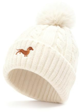 Kaempe Dackel Strickmütze Damen Männer,Dackel Geschenke,Unisex Stickmuster Beanie mit Bommel, Warme Winter Mütze, Geschenk Für Hundebesitzer (DE/NL/SE/PL, Numerisch, 50, 60, Weiß)