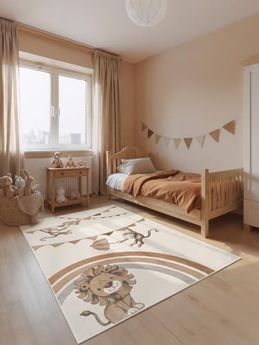 Villeroy & Boch Boho Kids - Kinderteppich - Roar Like a Lion Rainbow Party - weicher Kurzflor, Kinderzimmer Mädchen & Junge, Tiermotiv Spielteppich, Krabbelteppich - Creme Multifarben, 120x170 cm