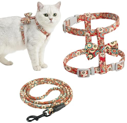 MOTIBACK Katzengeschirr mit Leine, Ausbruchsicher Verstellbares Brustgeschirr für Katzen und Kitten, Weiche Katzenweste in Rot mit Blumenmuster, Katzengarnitur für Sicherheit und Komfort (M)