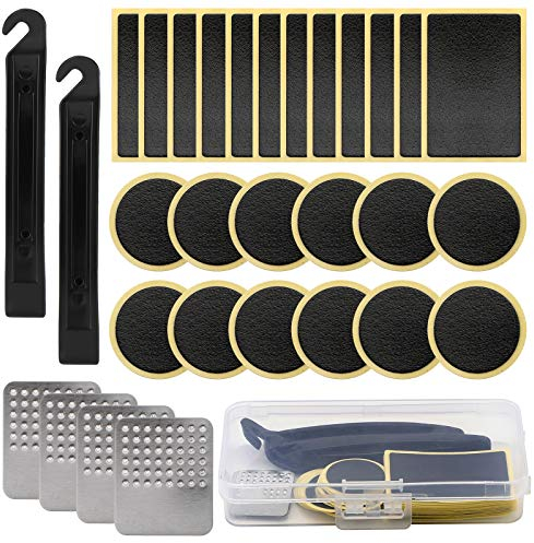 SAVITA 30Pcs Bike Tire Patch Repair Kit, Bicycle Motorcycle Tire Glueless Self-Adhesive Patches with Metal Rasps, Portable Storage Box for Road Mountain and Commuter Bikes