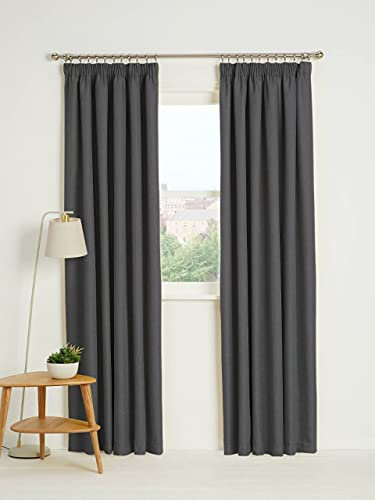 Kinfolk Textile Blackout Thermal Pencil Pleat Tape Top Insulated Pair of Blackout Curtains Including 2 Tiebacks (Charcoal Grey, 46 x 72)
