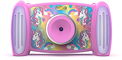 Accutime FRCA1001 Interaktive Kinderkamera Einhorn, 5MP Foto, 1080p Videoauflösung, 4-Fach Zoom, 5 lustige Filter & Special Effekts, 4 Coole Spiele, 2in1 Bildschirm, mit Micro SD Karte, rosa