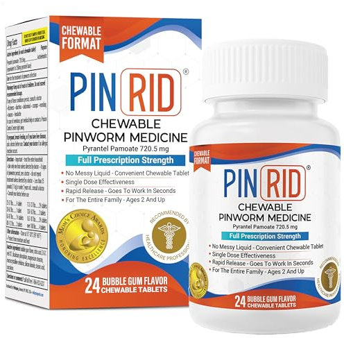 PIN RID - Pinworm Medicine for Family 2+, Bubble Gum Chewable Tablets (24 Doses) - 250mg Pyrantel Pamoate - Single-Dose Parasite Cleanse for Humans - Allergen Free
