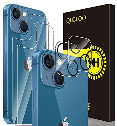 QULLOO Rear Tempered Glass Compatible with iPhone 13 Mini 5.4 Inches, Back Tempered Glass Screen Protector [Pack of 2] + Camera Tempered Glass [Pack of 2] 9H Hardness Back Film HD Clear Back Film