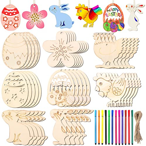 40 Stück Holz-Osteranhänger,DIY Holzverzierungen,Holzanhänger Ostern Deko | Set mit Schnur und 12 Aquarellstiften,Kinder Ostern Deko Basteln,kreatives Material für Kinders,passend für Osterdekoration