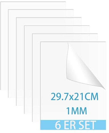 QEEYON 6 Stück Acrylglas Platte A4 1mm Transparente Acrylplatte Glasklar Zuschneidbare Acrylplatten 1mm Acrylscheiben für Bilderrahmen Glas Ersatz, Projektausstellung, Malerei 29.7x21cm