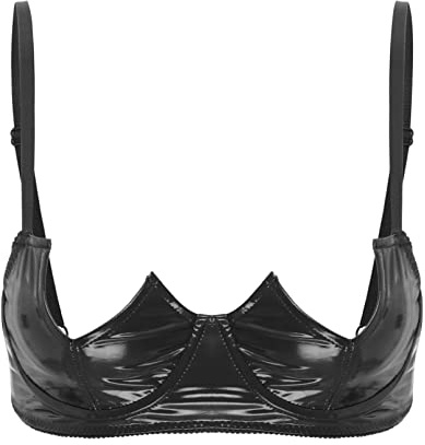 inhzoy Damen Büstenhebe Offen Mit Bügel Lack Leder Hebe BH Ouvert Dessous Dirndl BH Push Up Open Cup Lingerie Top Schwarz 5XL