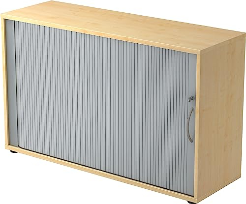 bümö Aktenschrank abschließbar mit Rollladen, Rollladenschrank für Ordner & Co. - Büroschrank mit Rollo, abschließbarer Ordnerschrank aus Holz in Ahorn/Silber mit Bogengriff