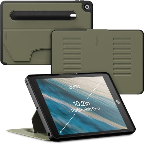 ZUGU iPad 9/8 / 7 Generation Case 2021/2020 / 2019 10.2-tums fodral - Ultra slimmat skyddshölje - Apple Pencil Ficka - Bekväm 8-vinkels Magnetic Stativ Skal - automatisk vila/väckning [ Olivgrön ]