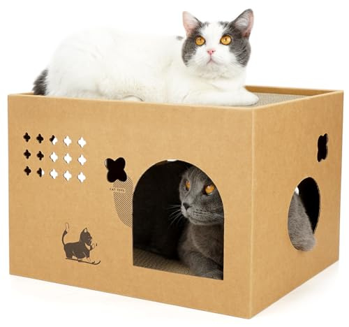 Casa de cartón para Gatos con 2 Almohadillas para rascar, Cama Grande de cartón Corrugado, Caja rascadora Desmontable para Gatos (Cactus)