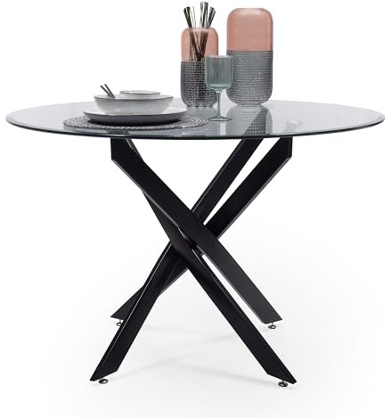 Homely® | Mesa de Comedor Redonda Black Dalila | Diseño Original de Patas entrelazadas de 110 cm | Cristal Templado 10 mm. y Patas Metal Negro | Mesa para 4-5 Personas