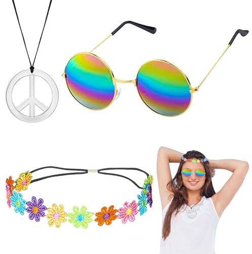 ARONRAVE Hippie Kostüm Set, 60er 70er Jahre Hippie Accessoires Set mit Vintage Brille Friedenszeichen Halskette Hippie Accessoires Frauen Damen Kleid FüR Karneval Motto Party