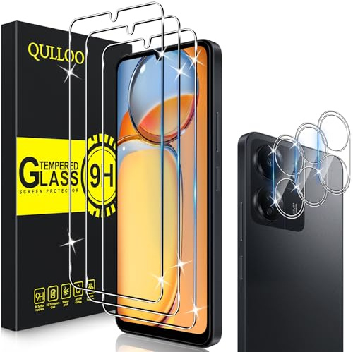 QULLOO Cristal Templado y Protector Cámara para Xiaomi Redmi 13C 4G | 3 Piezas Protector de Pantalla, 3 Piezas Protector de Lente de Cámara, Dureza 9H Ultra Resistente Vidrio Templado