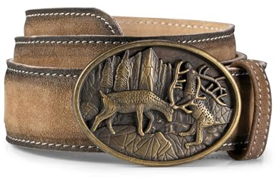 Schöneberger Trachten Couture Herren Trachtengürtel Leder, Lederhosen Gürtel mit Hirsch Schnalle, Ledergürtel Lorenz