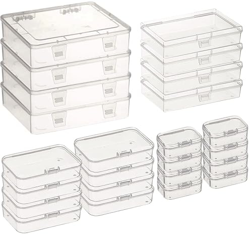 Duscdesp 24 Stück Rechteckige Kunststoffbox mit Deckel in Gemischte Größen, Mini Durchsichtige Aufbewahrungsbox mit Klappdeckel für Kunstbedarf, Kleine Gegenstände und Andere Bastelprojekte