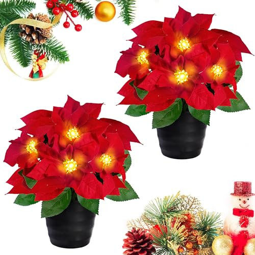 Sggvecsy Künstliche Weihnachtssterne, rote Samt, 30,5 cm, Weihnachtssterne im Topf, LED-beleuchtete Kunstseide, Topfblumen-Arrangement, Weihnachtsdekoration für Zuhause, Innen- und Außenbereich,