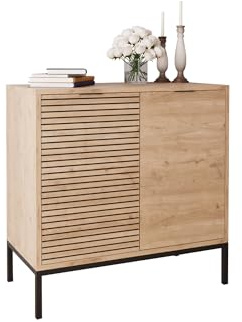 Bimossa Alya 80cm Small Oak Sideboard Cabinet - Modern Wooden Storage Cabinet with Fluted Decorating & Black Metal Legs - Narrow Living Room Sideboard, Hallway Cupboard & Dining Room Buffet Unit