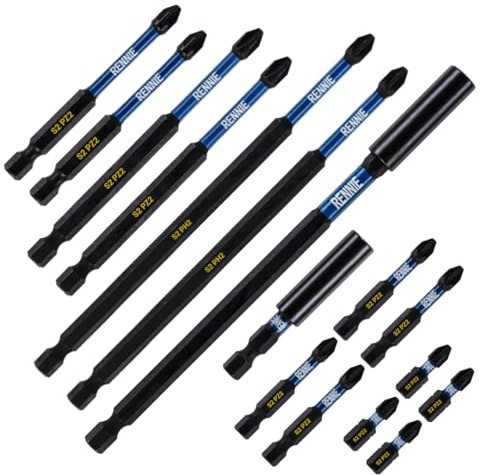 16 Piece Rennie Tool Magnetic 60mm and 152mm Professional Impact Bit Holders with 4 x 32mm Pozidriv PZ2 Screwdriver Impact Bits, 4 x 50mm, 2 x 75mm/100mm/150mm Long Pozidriv PZ2 Screwdriver Impact Bit