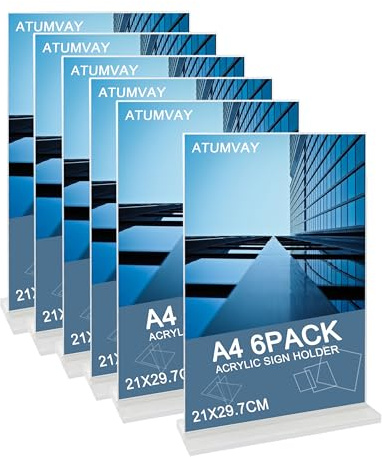 A4 Acrylic Sign Holder, 6pack Clear Display Table Sign Stand,T-Shape Double-Side Perspex Menu Display Stand,Poster Flyer Holder Picture Paper Frame for Office Shop Store Restaurant School Retail Fair