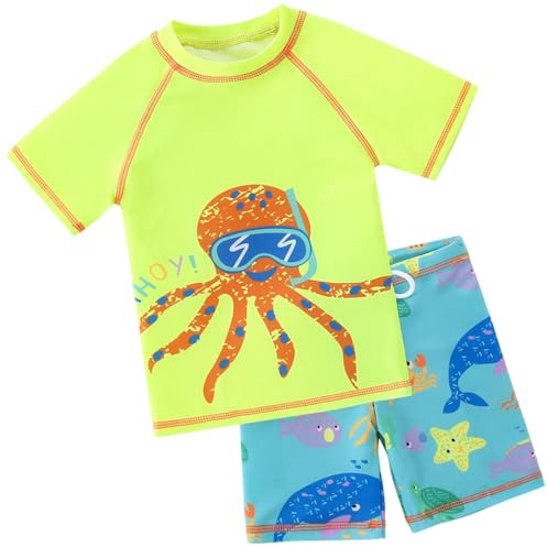 Toddler Boy Two Piece Swimsuits Quick Dry UPF 50+ Rash Guard Set Swimwear Beach Swim Trunks and Shirt for Kids Yellow Octopus XL 4-5T