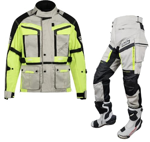 WinNet Tuta Completo Moto Cordura Giacca Pantalone Protezioni Omologate C.E. impermeabile anti acqua pioggia freddo 4 stagioni sfoderabile primavera estate (Fluo, 3XL)
