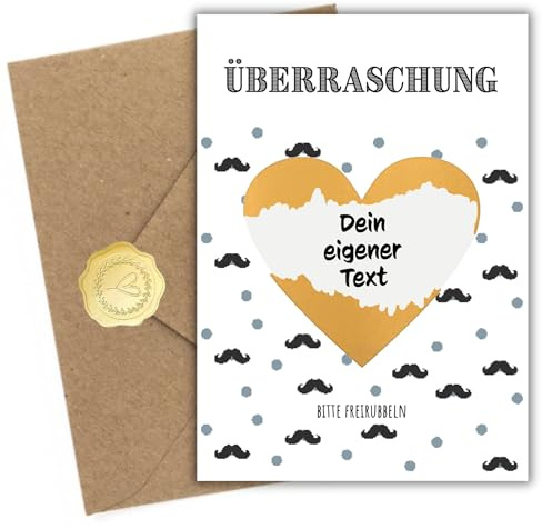 DIY Rubbelkarte – 1er-Set im originellen Mustache-Design – Mit goldenem Rubbelherz, Kraftpapier-Umschlag & Siegelsticker – Personalisierbarer Gutschein & geheime Botschaft für lustige Überraschungen