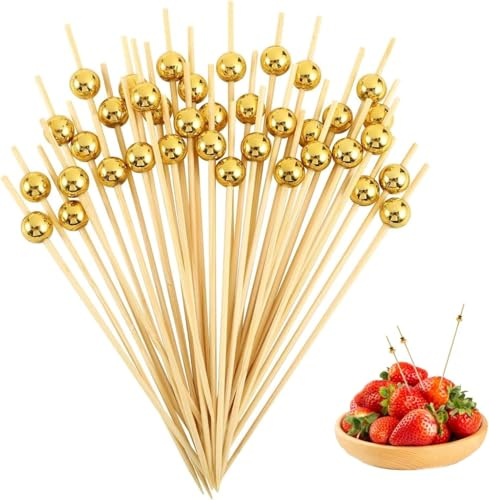100 stycken cocktailspett med guldpärla, 12 cm fingermatspett, träspett för snacks, fingermat, intressant fruktspett, guldkula dekorationer, ostspett, för fingermat, frukt, förrätter
