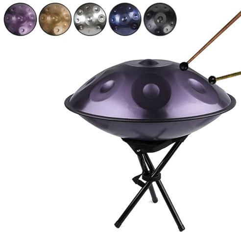 SQSXCKIQ 440 Hz Handpan-Trommel in D-Moll, Stahl-Handtrommel, weiche Handpan-Tasche, Handpan-Schlägel, Handpan-Ständer, Staubtuch, 22 Zoll, 9/10/12 Noten (12 Note-Lila)