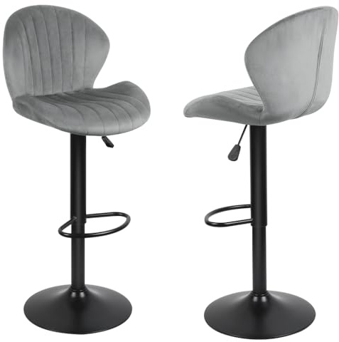XANNI Barstuhl aus Milchsamt, Barhocker, höhenverstellbar, mit Rückenlehne und Fußstütze, für Theke, Bar, Esszimmer, 51 x 40 x (86-106) cm (Grau)