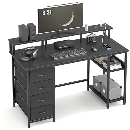 Computertisch 120x50cm Schreibtisch mit 4 Schubladen & Steckdosenleiste, Computertisch mit Monitorablage, kompakter schmaler Bürotisch mit Stauraum für Home Office, Schreibtisch für Arbeit und Gaming