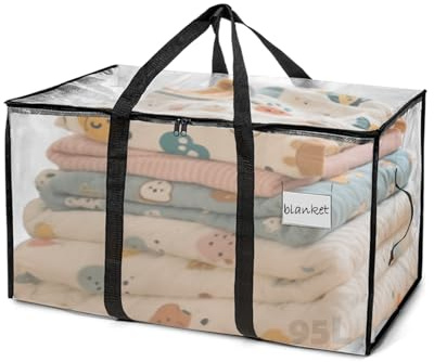 Kongming Borsa portaoggetti per copriletti, 95 l, in plastica trasparente, impermeabile, con cerniera, in cartone PP per vestiti, biancheria da letto, trasloco (1 pezzo)