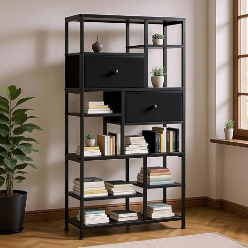 Rebonique Bücherregal, 7 Ebenen Standregal mit 2 verstellbar Schubladen,Hoches Industrielles Bücherregal, Bücherschrank Aufbewahrungsregal für Büro,Wohnzimmer,Schlafzimmer,73x30x151cm (Schwarz)