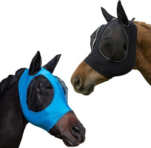 2er Set Fliegenmaske Pferd, Fliegenmasken für Pferde mit Ohrenschutz, Atmungsaktives Material, UV-Schutz, Blaue und Schwarze Fliegenmaske für Cob und Pony