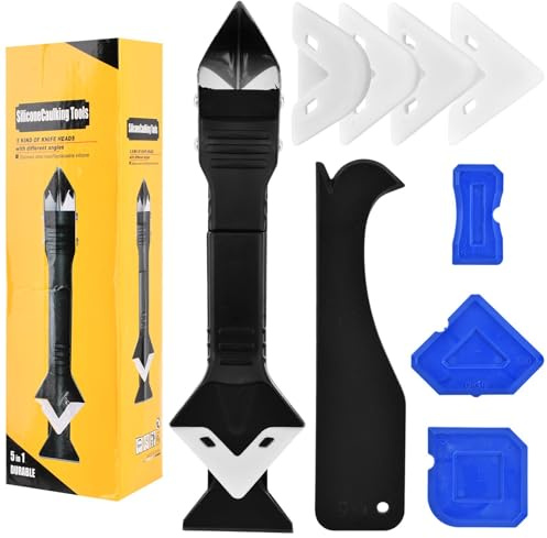 Silicone Caulking Tool, 3 in 1 Caulking Remover Glazing Compound Finishing Tool with 5 Replacement Silicone Scraper Pads, Grout Scraper Kit for Bathroom Kitchen Floor Window Sink Joint