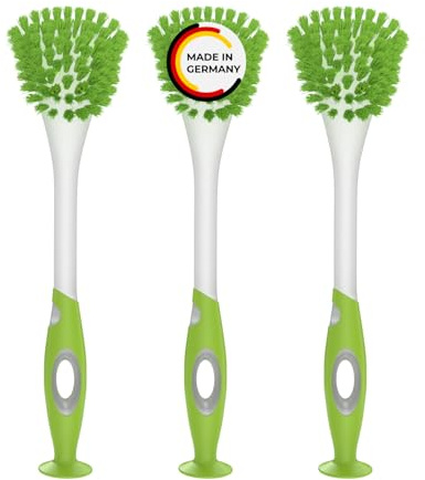 Rival 3er Set Spülbürste Trapez mit gummiertem Griff & Saugfuß limegrün – ergonomische Spülbürste mit PBT-Borsten – Geschirrbürste für die Küche – Spülbürsten Set – Putzbürste mit Saugnapf