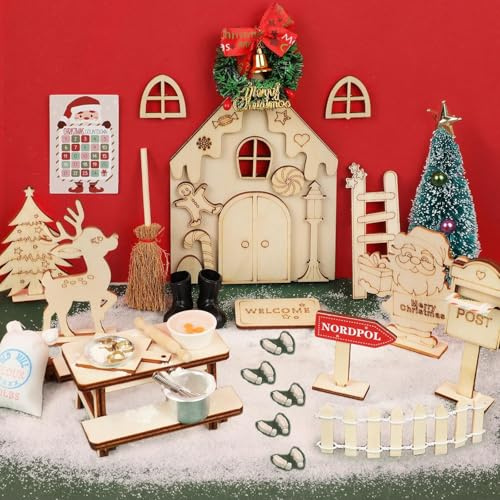 Viosmut Wichteltür Set Weihnachten 58 PCS, Miniatur Weihnachtswichtel Komplett Set mit Wichtel Baustelle, Wichtel Elfentür Zubehör mit Briefkästen Zäun Leiter Kranz Feentür Set für Kinder Geschenke