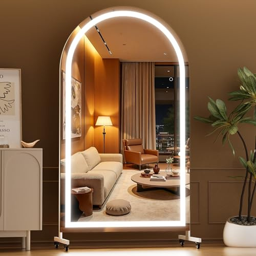 Hasipu 170 x 100 cm Ganzkörperspiegel mit Beleuchtung, 360° Drehbar Groß Standspiegel mit Rollen, Gehärtetes Glas, Gewölbter LED Home Gym Spiegel Tanzspiegel für Schlafzimmer Fitnessraum Yoga