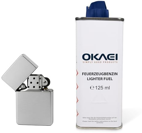 OKAEI Classic Benzinfeuerzeug Set – Nachfüllbares Feuerzeug aus verchromtem Messing (gebürstete Oberfläche) + 125 ml Feuerzeugbenzin - Winddicht & Langlebig