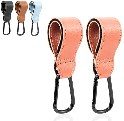 BABALUU Pack Ganchos Carro Bebe Cuero – 2 Enganches – Soportan hasta 20kg de peso - Mosquetón Carrito Bebe – Accesorios para Silla de Paseo para colgar Bolso, Mochila, Bolsas (Rosa)