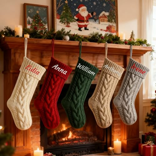 Generisch 6 PCS Nikolausstrumpf Personalisiert mit Gesticktem Namen 46cm | Groß Weihnachtsstrumpf zum Aufhängen, Rot, Weiß, Grün, Grau & Khaki, gestrickter Nikolaus Socken, Familiendeko, 18 Zoll