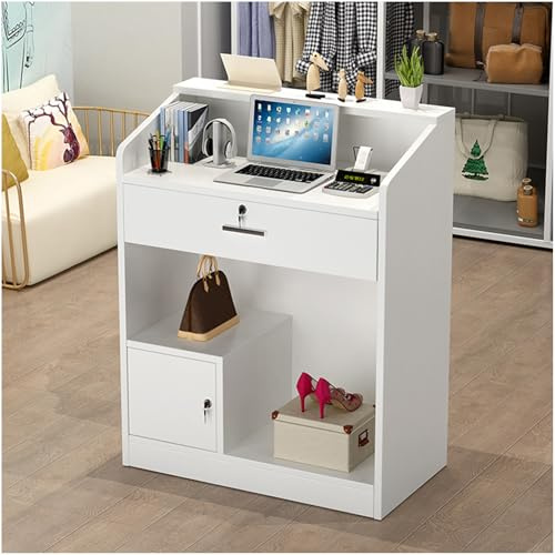 Scrivania moderna per reception con cassetto e armadietto con serratura, elegante bancone per postazione di lavoro per computer, saloni di ricevimento e ufficio