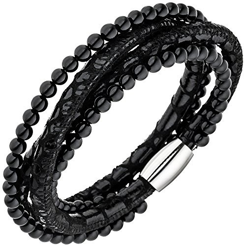 Armband Armschmuck aus Leder schwarz mit Onyx Kugeln & Edelstahl 19cm