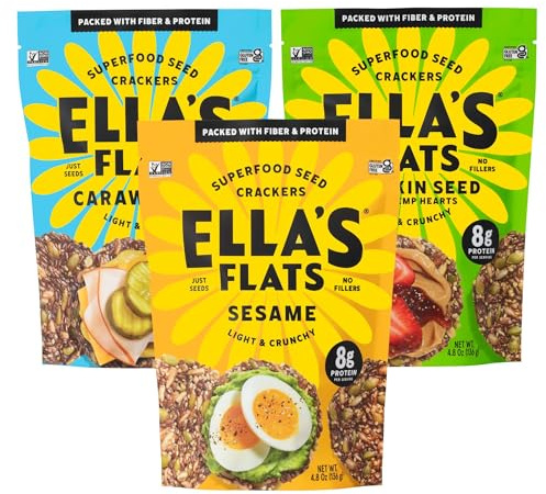 Ella’s Flats - Variety 3 pack (Sesame, Hemp & Caraway) All Seed Savory Crisps – All Natural, Gluten Free, Good Source of Protein, High Fiber, Vegan and Keto Friendly