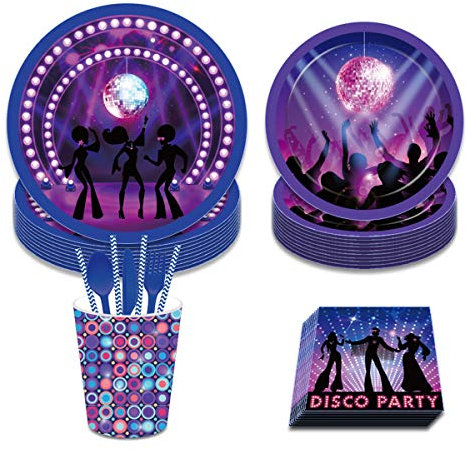 FAIRYRAIN Nightclub Bar Disco Fever Theme Party Supplies Decorations Set ncluding 8 x 9 Plates, 8x 7 Plates, 8x9 Oz Cups, 20x Luncheon Napkins, 24 pcs Tableware set, paper straws Serves 8 Guest Set