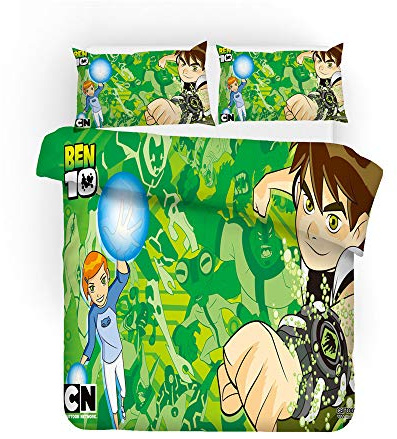 NICHIYO Ben 10 Bed Linen Set - Duvet Cover and Pillow Case, Microfibre, 3D Digital Print Three-Piece Bedding (Duvet Cover + Pillowcases) (8, Doubie 200 x 200 cm)